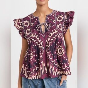 Sea New York Charlough Print Flutter Pleated Sleeve Blouse Front Tie Ruffle M